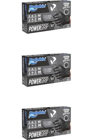 Dolphin Nitril Powergrip Ekstra Kalın Elmas Dokulu Eldiven Siyah Meidum Orta Boy - 50'li 3 Paket