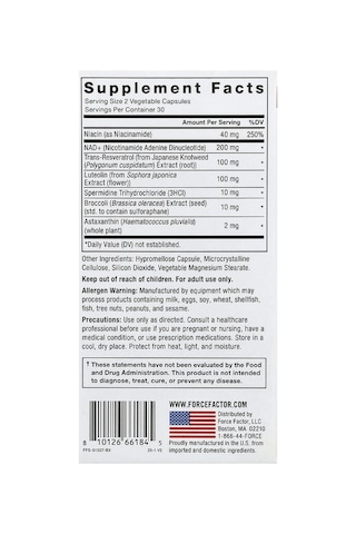 Takviye Force Factor, Nad+ Longevity Nutrient Complex, 60 Vegetable Capsules