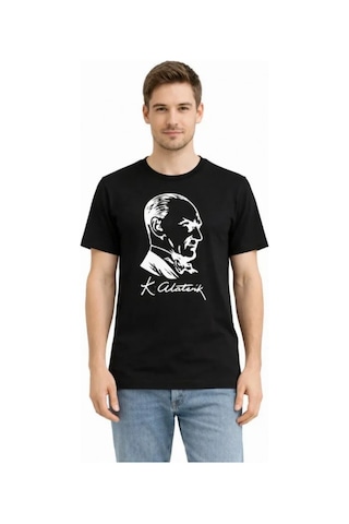 Efnaz Style Erkek Atatürk Baskılı Tişört Kısa Kollu Bisiklet Yaka T-shirt - Siyah