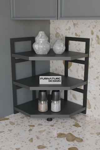 Akın Köşe Baharatlık 3 Raflı Mutfak Tezgah Üstü Köşe Raf - Antrasit Antrasit