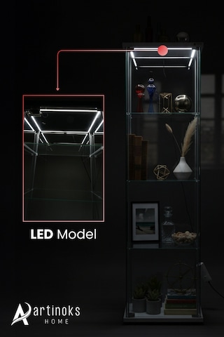 3 Raflı Ledli Cam Vitrin Gümüşlük Sergi Vitrini Kitaplık Büfe Siyah