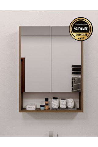 Lotus Mdf 2 Kapaklı Aynalı Banyo Dolabı Lavabo Üstü Dolap Çok Amaçlı Banyo Dolabı Koyu Ceviz