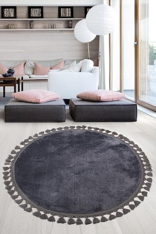 Bonny Home Relax Antrasit Yuvarlak Çocuk Odası Halısı, 120x120 Cm, Ponpon Saçaklı, Peluş Çok Renkli