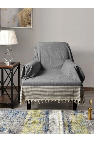 Buldan İşi Kolları Örten Pamuklu Tekli Koltuk Berjer Örtüsü 180x150 Cm Pamuk Dokuma Antrasit Antrasit