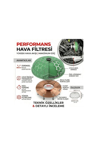 Hks Universal Performans Ve Ses Arttırıcı Aparatlı Açık Hava Filtresi +6 Hp Yeşil Mantar Tip 80 Mm