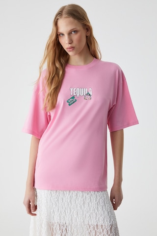 CAITLYN Kadın Oversize Bisiklet Yaka Pembe T-Shirt