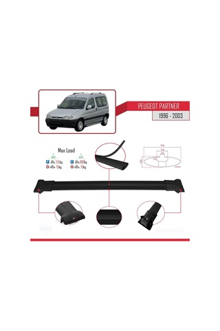 Peugeot Partner 1996-2003 Arası İle Uyumlu Fly Model Ara Atkı Tavan Barı Siyah 4 Adet Bar