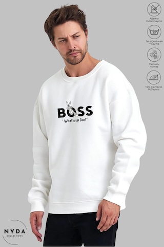 Unisex Bugs Bunny Baskılı Bisiklet Yaka Kapüşonsuz Şardonlu Oversize %100 Pamuk Penye Sweatshirt Beyaz