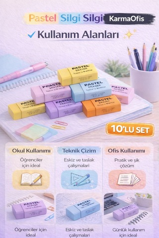 10'lu Karışık Renk Pastel Silgi Seti Tozsuz İz Bırakmayan Yumuşak Silgi Okul Ofis Çizim