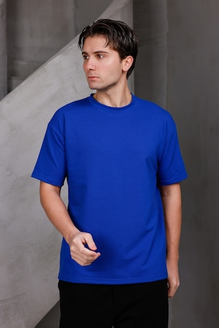 Erkek Basic Oversize Bisiklet Yaka 2 İki İplik Kompakt T-shirt Saks