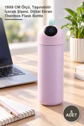 5 Adet Dijital Göstergeli Termos 19x6 Cm Ölçü, Taşınabilir İçecek Şişesi, Dijital Ekran Thermos Flask Bottle