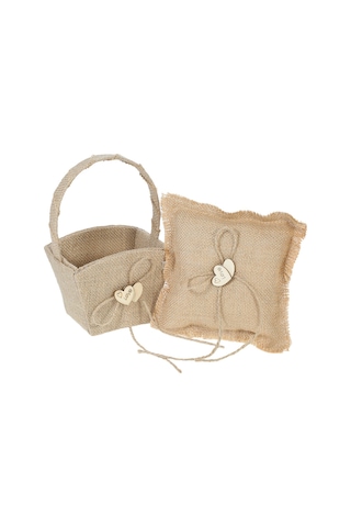 Symbee Kırmızı Tema Düğün İçin 2'li Set: Sarı Kumaş Sevgi Sepeti + 15x15cm Yüzük Yastığı - Ahşap Kalplerle Dekore Edilmiş Diğer