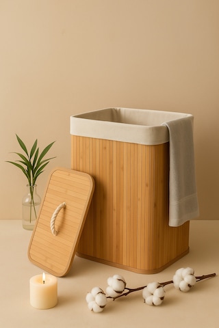 Serstil Bambu Dikdörtgen Çamaşır Sepeti Kapaklı Dekoratif Ve Modern Kirli Sepeti - 40x30x60 Cm / 72 L