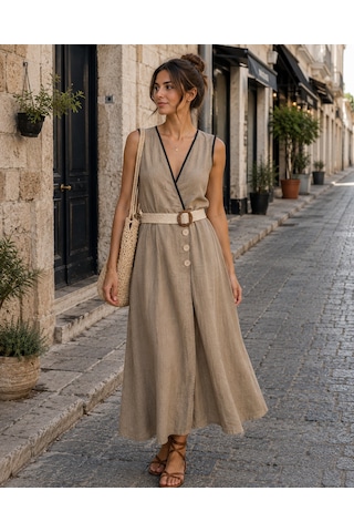 Eren Style İtalyan Belden Dolamalı Anvelop Keten Elbise Boyu:126 Cm'dir. Camel