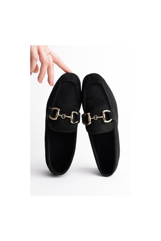 Muggo Mona Garantili Metal Tokalı Deri Kadın Loafer Günlük Ayakkabı Siyah