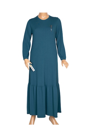 Hesna Kadın Derya Fitilli Doku Eteği Farbalı Broşlu Petrol Elbise Petrol