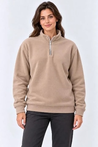 N11 Polar Dik Yaka Yarım Fermuarlı Uzun Kollu Regular Fit Kışlık Sweatshirt - Bej