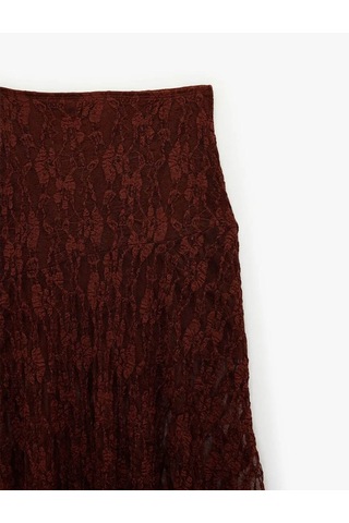 Koton Yüksek Bel Asimetrik Dantelli Midi Bordo Kadın Etek 6wal70049ık Bordo