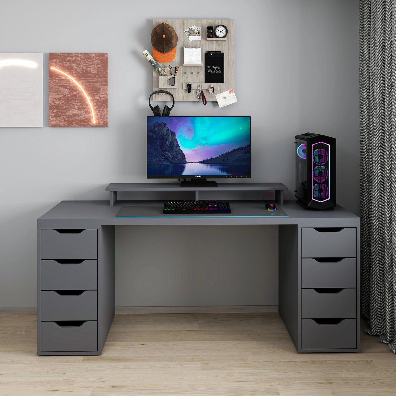 Alen 180 Cm 8 Çekmeceli Geniş Çalışma & Oyuncu Masası - Antrasit Siyah