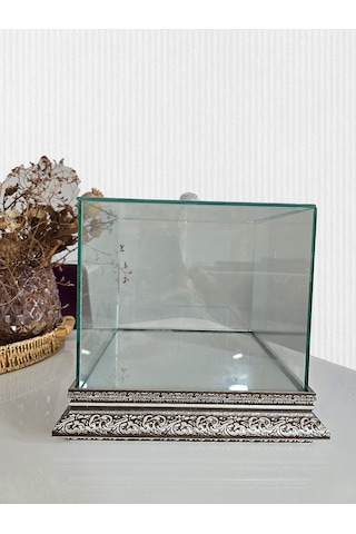 Cam İşlemeli Gümüş Söz Nişan Bohça Kutusu 25 25 Cm