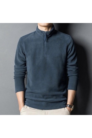 Erkekler Sonbahar Kış Kazak Fermuar Stand Yaka Uzun Kollu Kalın Polar Polar Düz Renk Uzun Kollu Boyun Koruma Orta Uzunlukta Yumuşak Rahat Mavi