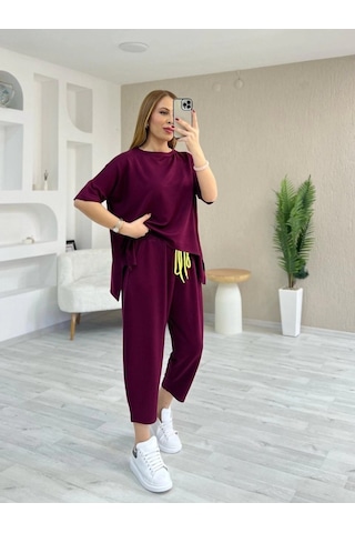 Kadın Kısa Kollu Bisiklet Yaka Viskon Iki Iplik Bluz Ve Pantolon Ikili Takım Bordo