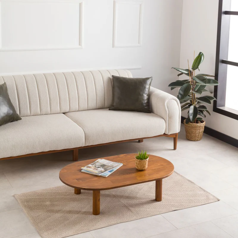 Furnirem Masif Çam Ahşap Oval Orta Sehpa Modern Salon Sehpası 76x45 Cm Ceviz