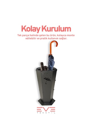 Eve Tekstil Lüx Dış Ve İç Mekana Uygun Şemsiye Desenli Paslanmaz Şemsiyelik Siyah