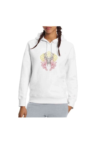 Mandala Geyik Baskılı Beyaz Kadın Kapşonlu Sweatshirt