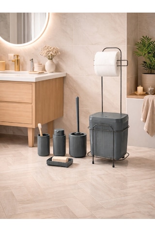 Decorev Standlı Antrasit 5 Parça Click Kapaklı Banyo Seti Dc-6804 Gri