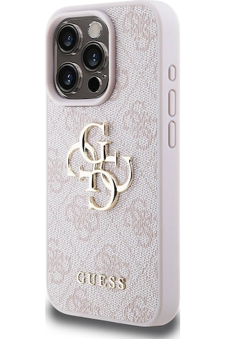 Apple Uyumlu iPhone 15 Pro Kılıf Guess Lisanslı Pu Deri Yazı Ve 4g Metal Logolu Desenli Kapak Pembe