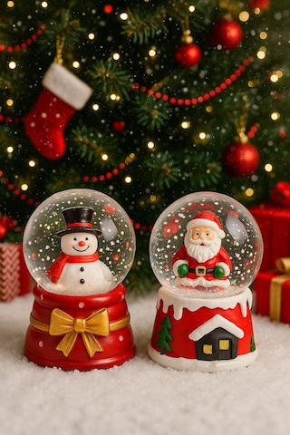 Yeni Yılın En Güzel Hediyesi Yılbaşı 2 Adet Led Işıklı 6,5 Cm Noel Baba Kardan Adam Kar Küresi Seti Dekoratif Obje