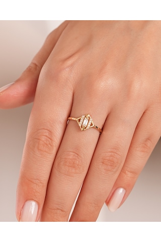 Debora Jewelry 14 Ayar Altın Geometrik Baget Beyaz Taşlı Yüzük