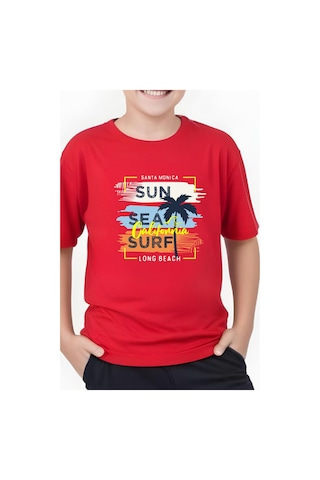 Panios Kids California Sun Baskılı Erkek Çocuk Kısa Kollu Yuvarlak Yaka T-shirt Kırmızı