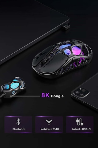 Gravastar Mercury Xpro Rgb 32k Dpı Optik Gaming Mouse+8k Dongle, Kablosuz, Magnezyum Alaşımlı, Progr Gsmercuryxpro