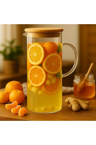 Dekorasyaa Borosilikat Cam Sürahi Bambu Kapaklı 1500ml