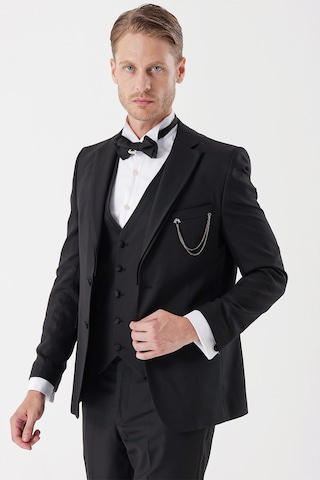 İmza Siyah Desenli Armürlü Çıkarılabilir Mono Yaka Yelekli 6 Drop Slim Fit Smokin Damatlık Takım 1001230202-Siyah