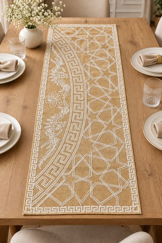 Nakışlı Geometrik Desenli Dekoratif Runner Masa Örtüsü 45x120 Cm Hardal
