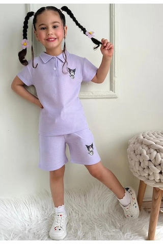 Lillypicca Kız Çocuk Waffle Kumaş Polo Yaka 2'li Şortlu Takım - 1046 Lila