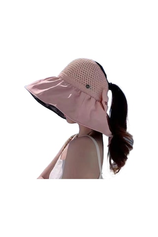 Bayanlar İçin Şık Siyah Tutkallı Boş Üst Güneşlikli Geniş Kenarlı Yüz Koruyucu Şapka Pembe