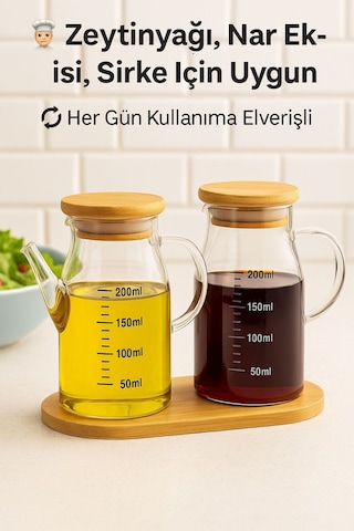 2 Li Cam Yağlık Sirkelik Seti 200 Ml Ölçülü Borosilikat Cam Yağdanlık + Bambu Stand Diğer