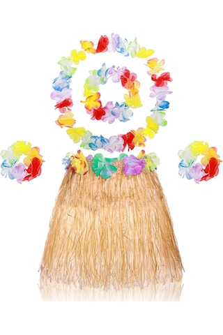 Yetişkin Çocuk Hawaii Parti Seti - 40 Cm Naturel Etek + Çiçek Aksesuarlar 5 Parça Aklby-bsva58