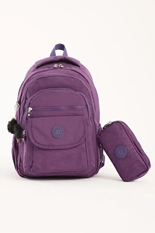 2'li Set Lüx Krinkıl Kumaş Lise Ve Ortaokul Sırt Çantası + Kalemlik, Maymun Anahtarlık Hediyeli Mor