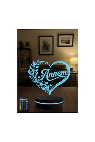 Annem Yazılı 3d Led Gece Lambası Anneler Günü Hediyesi Kalpli Çiçek Desenli Rgb Kumandalı Masa Lambası Çok Renkli