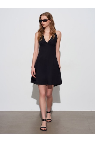 Dilvin 90568 Halter Yaka Denim Mini Elbise-siyah