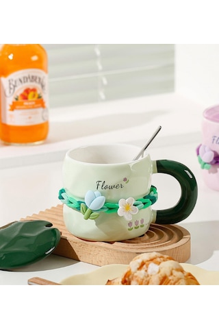 Tatlı Çiçekli Kahve Fincanı 380 Ml Kapaklı Ve Kaşıklı Seramik Kupa Yeşil