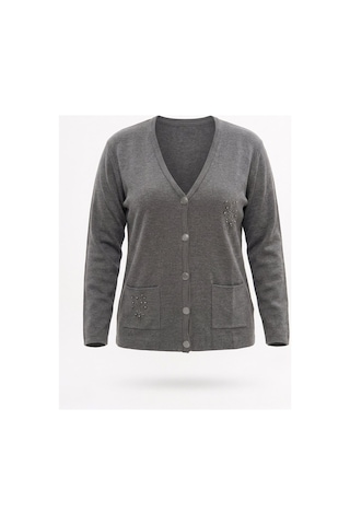 Onno Style Women Çelik Örgü Taş Aksesuarlı Klasik Triko Ceket Gri