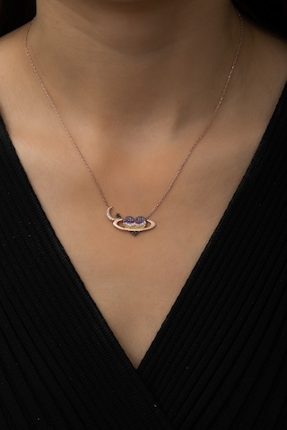 Papatya Silver Satürn Kuşaklı Kalp Ay Yıldız Bayrak Kolye Rose Gold Kaplama 925 Ayar Gümüş, UVPS100493