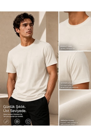 Sıfır Yaka Quickmen Tişört Kırık Beyaz