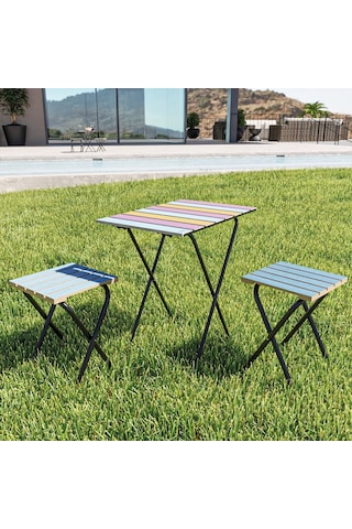 Bino Bino Masa Sandalye Bistro Set Yükseklik Ayarlı Ahşap 3'Lü Set Mavi